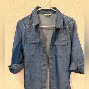 Dark Blue Denim Shirt with Studded Detail
